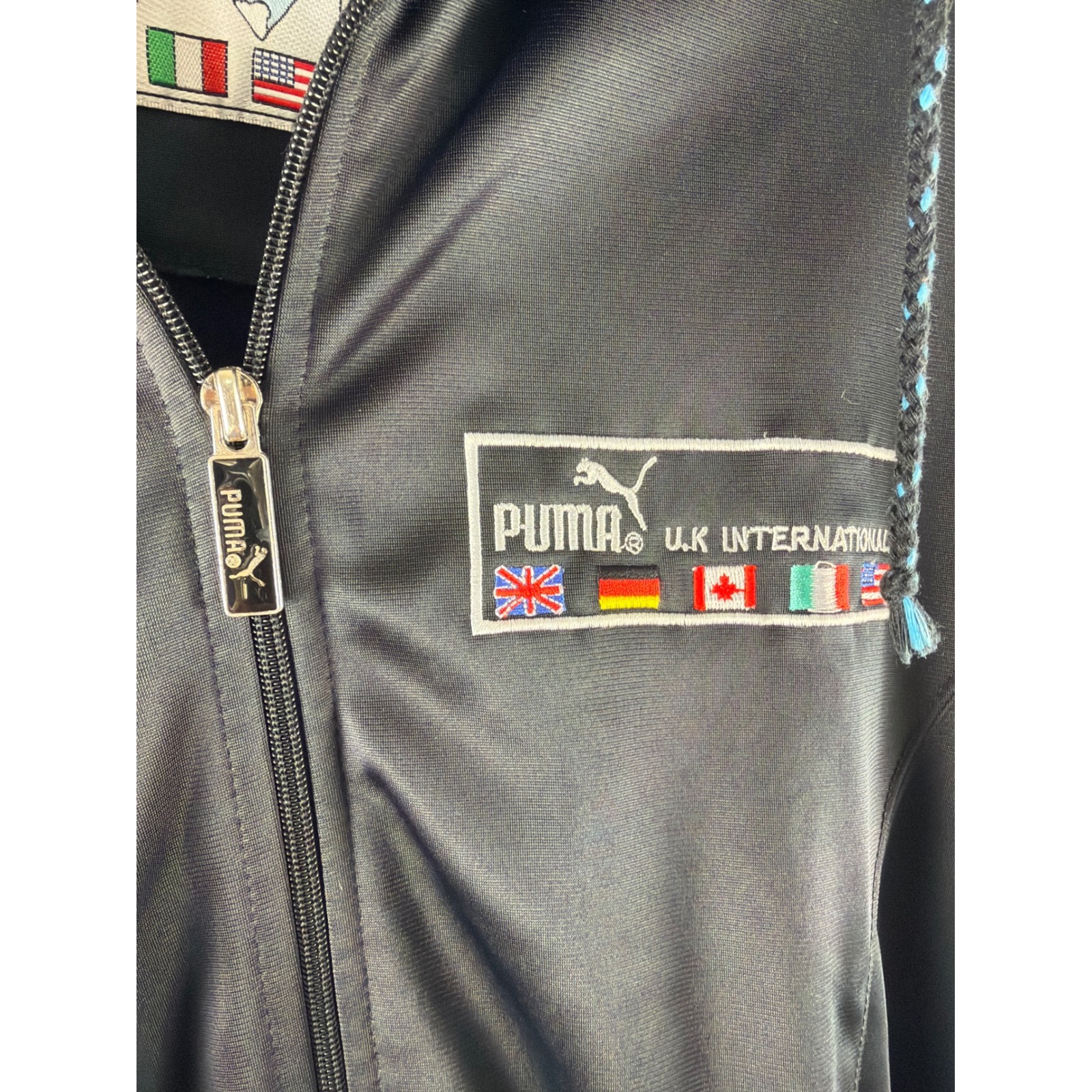 Vtg Puma Uk International F1 Track Jacket Black Blue Mens 38in Chest Full Zip
